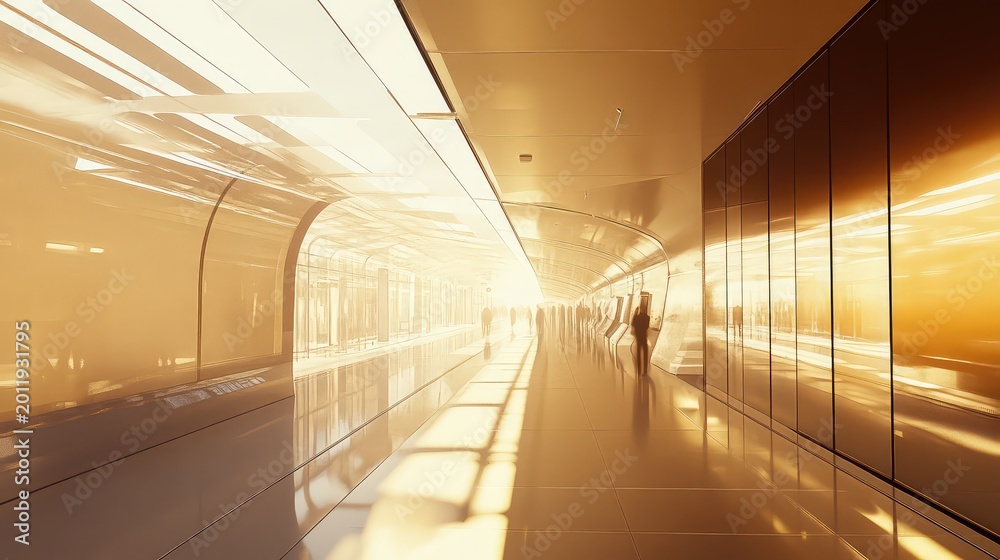 Fototapeta premium People are walking quickly through a modern, gleaming golden toned transit hub, creating a sense of dynamic flow and future travel in a blurred motion environment
