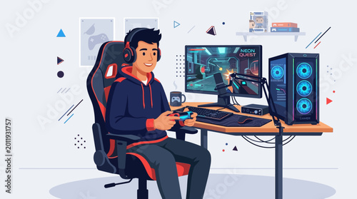 A modern flat vector illustration of a gamer sitting at a desk.