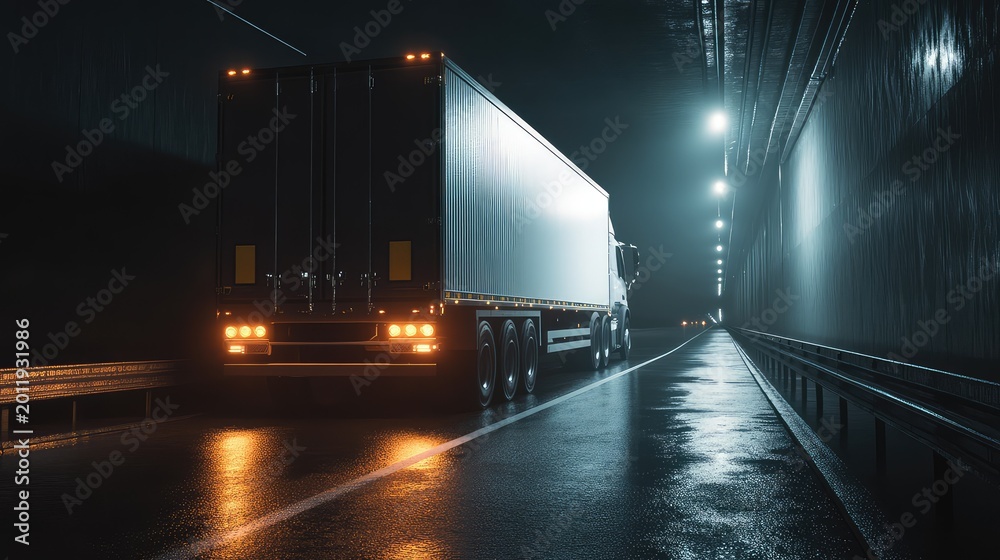Fototapeta premium Semi trailer truck travelling inside a glowing tunnel, its brake lights reflecting on the wet asphalt, illustrating the concept of reliable transportation and logistics through challenging routes