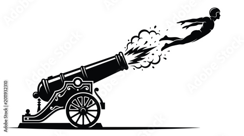 Human cannonball flying through air from a vintage circus cannon