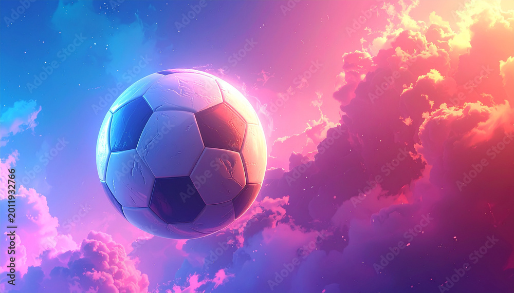 Fototapeta premium Soccer ball floating in colorful clouds