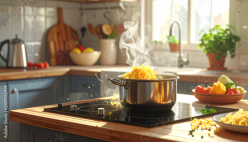 Steaming pasta cooking in kitchen pot on electric hob with vegetables