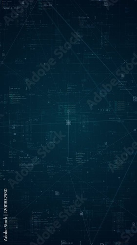 Motion graphic of digital file icon on connected data network, vertical technology background with flowing lines for cybersecurity presentation