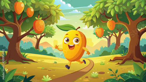 Cartoon orange character, fruit mascot, running on path, orchard landscape, colorful illustration