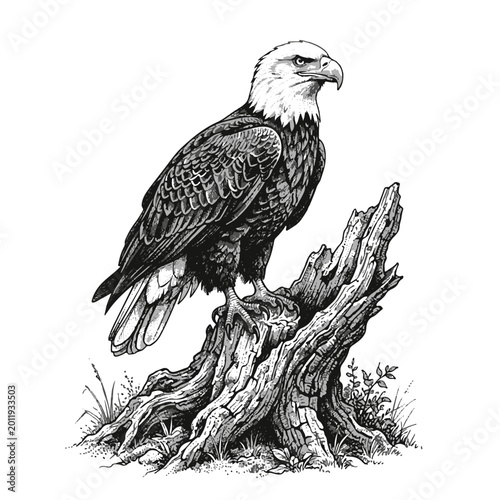 Quadro su tela Detailed Black and White Illustration of a Bald Eagle Perched on a Gnarled Tree