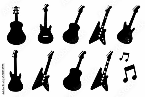 Guitar silhouettes. Acoustic and heavy rock electric guitars outline musical instruments, music symbols Vector isolated set