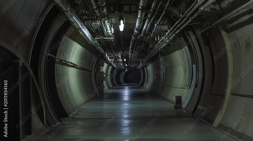 Fototapeta premium Industrial tunnel features circular hallway architecture with complex overhead pipes, utility lines, and fluorescent lighting, creating a deep perspective