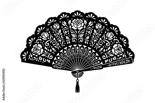 Elegant black silhouette of a spanish hand fan with intricate rose and floral patterns, traditional accessory.