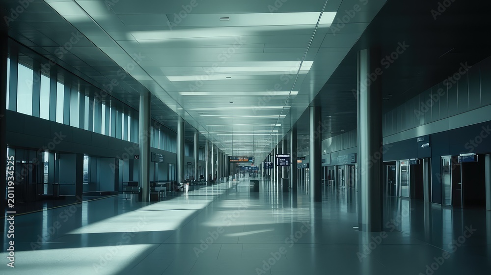 Fototapeta premium Modern airport terminal hall creating a sense of travel. Business. And transportation. Featuring contemporary architecture. Steel pillars. Glass walls. And reflective floor surfaces with natural light