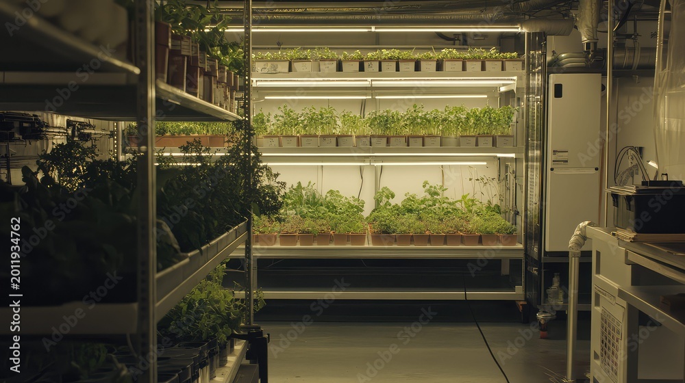 Fototapeta premium Plants thriving in an indoor garden with vertical racks and artificial lights, representing modern hydroponics and controlled environment agriculture for sustainable food systems