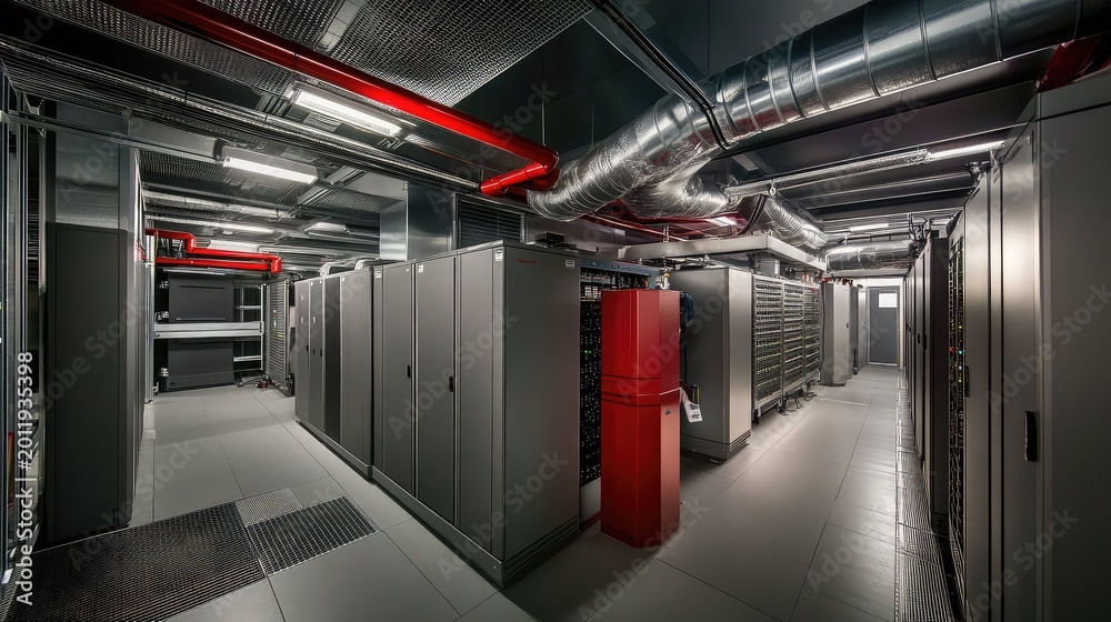 Naklejka premium Server racks filling a modern data center room, providing robust infrastructure for digital information storage, network operations, and advanced cloud computing services