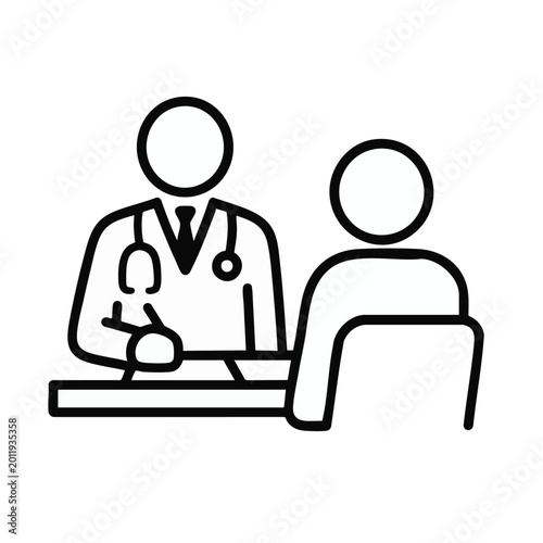 Doctor, patient consultation, medical icon, healthcare symbol, black line art