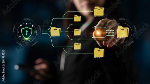 Tablou pe pânză Business professional interacting with digital data flow network and security icons while accessing data files in modern workspace environment Fluxor