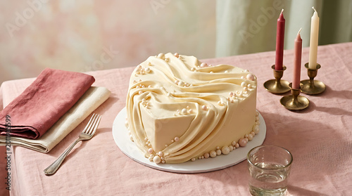 Elegant wedding cake on a pink linen tablecloth with decorative