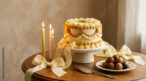 Elegant tiered celebration cake with yellow frosting and candles
