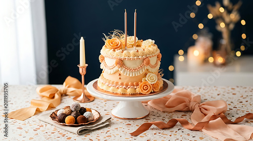 Elegant tiered wedding cake with rose decorations and warm light