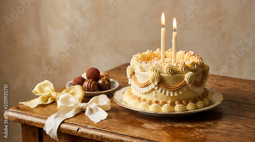 Elegant tiered birthday cake with lit candles and decorative rib