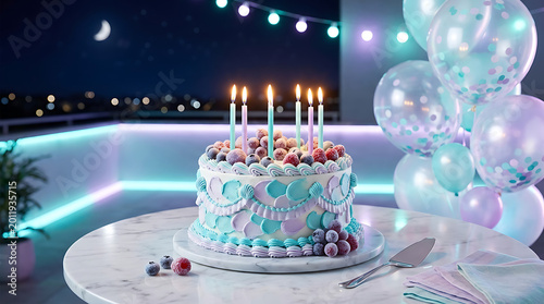 Pastel Birthday Cake with Balloons on a Marble Table