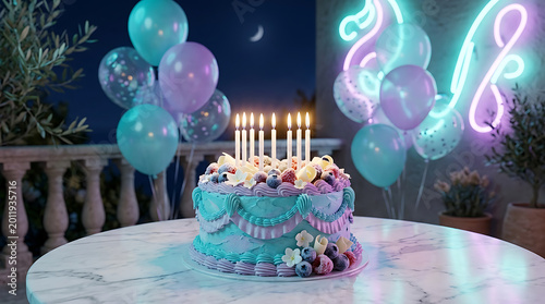 Pastel blue birthday cake with balloons on a marble table