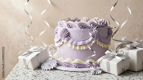 Elegant tiered purple cake with white gift boxes