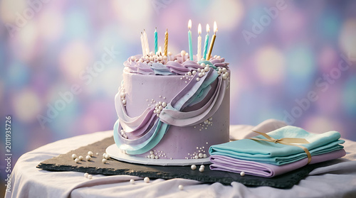 Tiered pastel birthday cake with colorful candles on a white clo