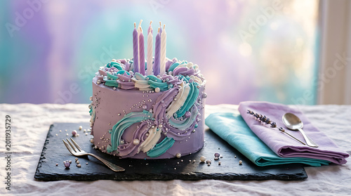Colorful birthday cake with pastel frosting and candles on a dar