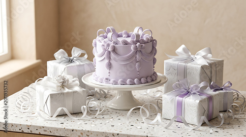 Elegant pastel-colored gift basket and tiered cake arrangement o