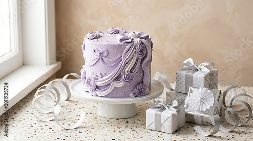 Purple layered cake decorated with elegant wrapping presents for