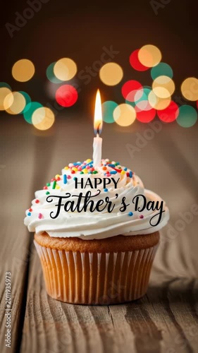 Father's day cupcake with a lit candle and colorful sprinkles on a rustic wooden table, festive bokeh lights in warm background.