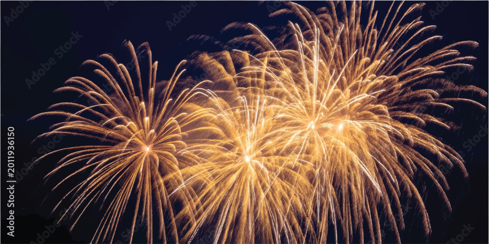 Fototapeta premium Golden fireworks explode in the night sky with fireworks show light effects explosion celebration display pyrotechnics