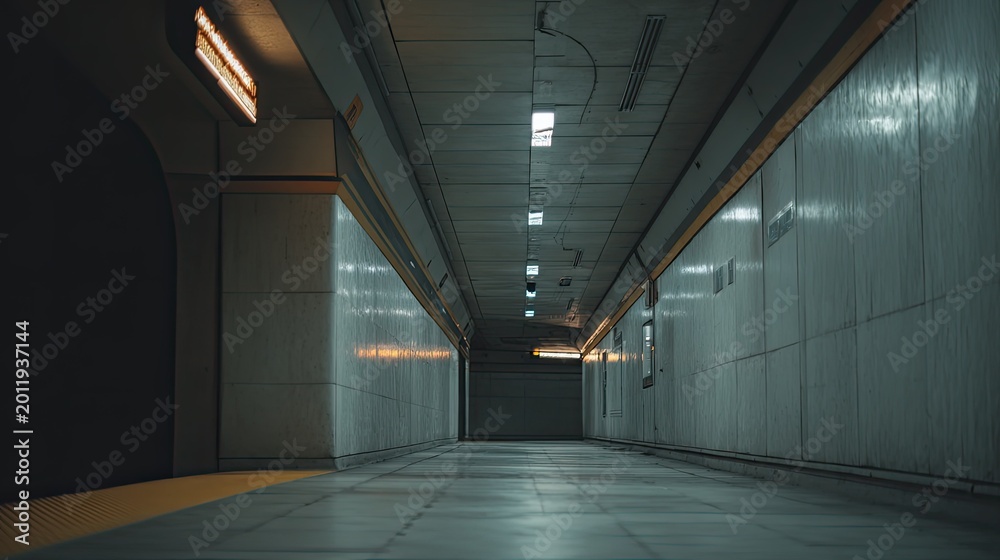 Fototapeta premium Underground subway station platform showing an empty urban transit tunnel with dim artificial lighting, creating a perspective vision of depth and solitude