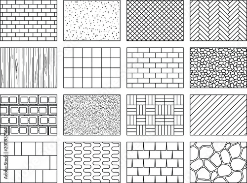 Foto AD hatch texture swatch collection, architectural construction material patterns