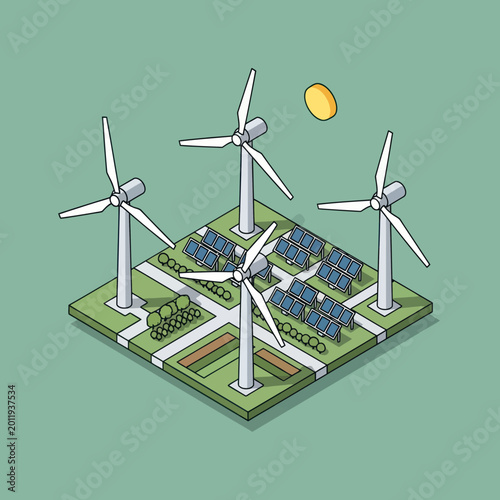 Isometric View of Wind Turbines and Solar Panels for Green Energy.