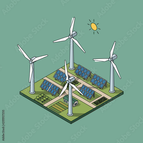 Isometric View of Sustainable Energy Landscape with Wind Turbines and Solar Panels.