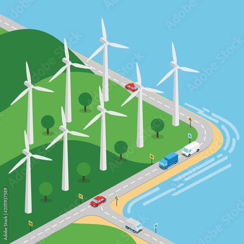 Wind Turbines and Coastal Road - Sustainable Energy and Transportation.