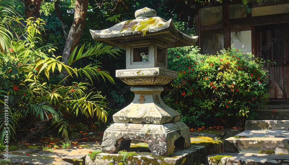 Fototapeta premium Stone lantern stands amidst lush greenery in a serene outdoor garden setting