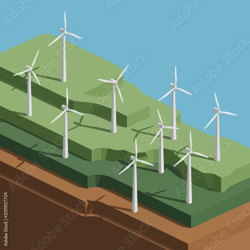 Isometric Wind Turbines on Green Hills - Sustainable Energy Concept.