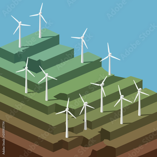 Isometric Wind Turbines on Terraced Landscape for Sustainable Energy.
