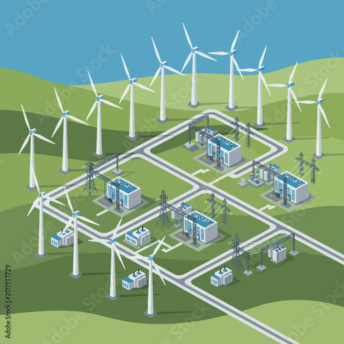 Wind Farm and Power Grid Isometric Illustration.
