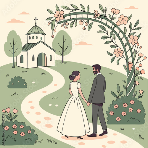 Wedding Ceremony Concept: Bride and Groom Holding Hands Outdoors near Small Church, Romantic Marriage Illustration in Flat Design Style