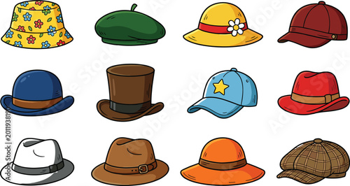 Photos Comprehensive Vector Set of Diverse Hat Styles Featuring Fedora Top Hat Beret Ba