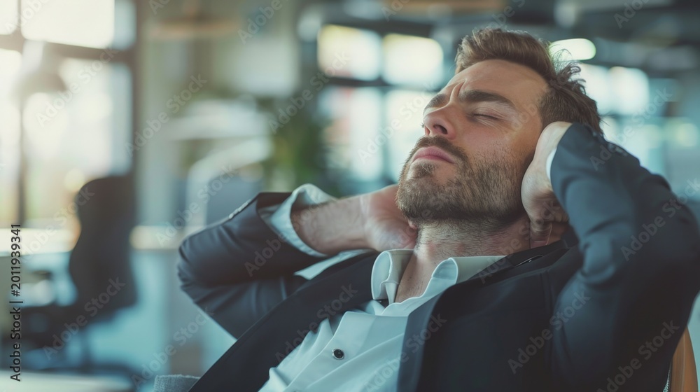 Obraz premium Man rests with eyes closed, hands behind head. Soft light filters through office windows. He appears relaxed, possibly tired or thoughtful. Suit jacket draped loosely over shoulders