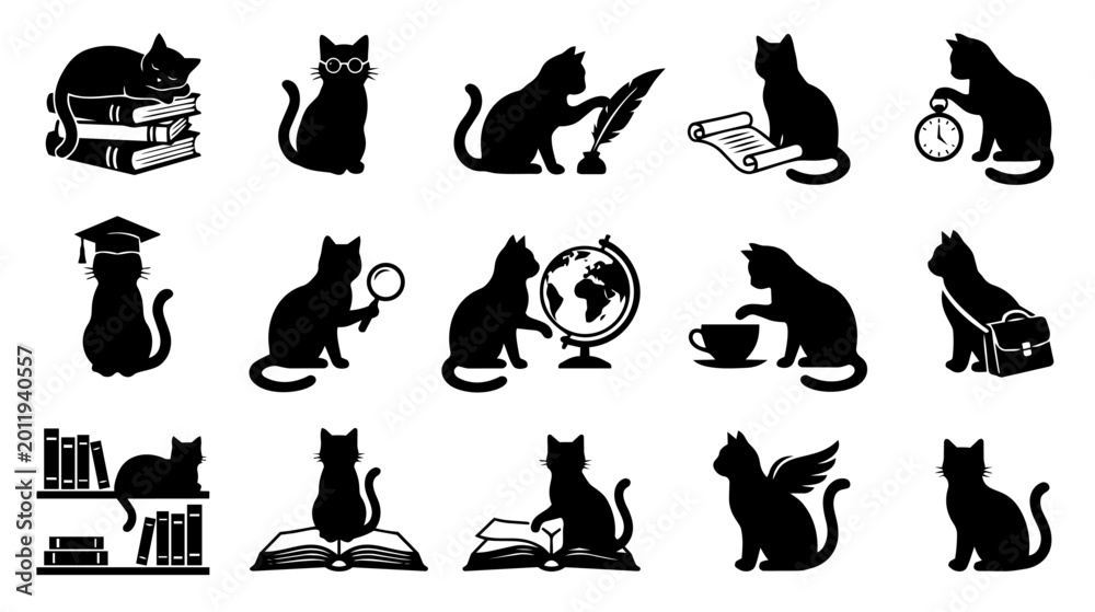 Obraz premium Academic cat silhouette icon set with books education and literature themes