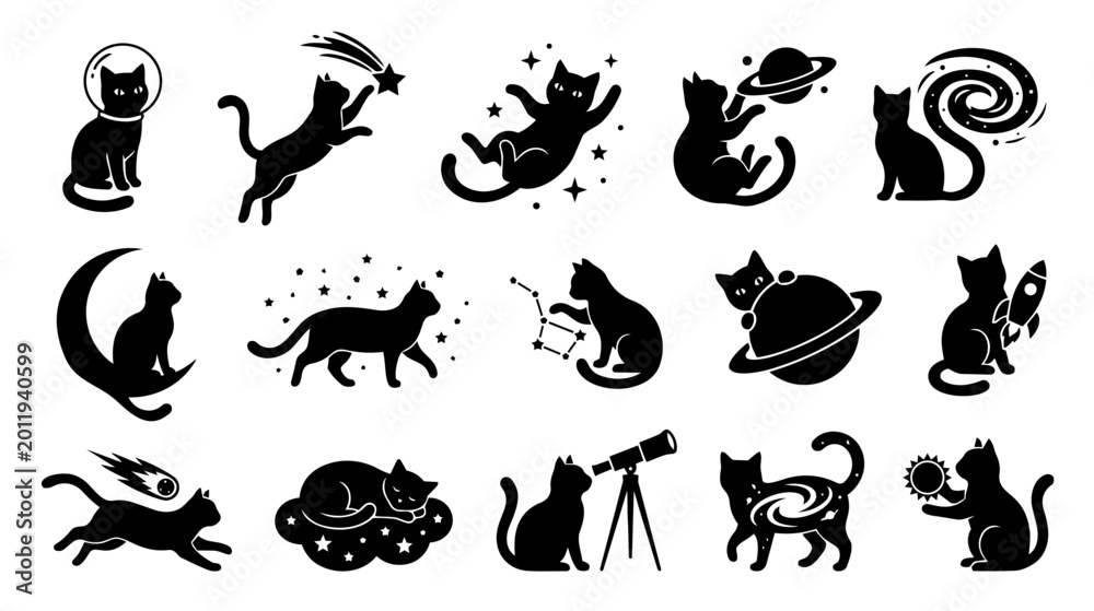 Fototapeta premium A whimsical collection of black cat silhouettes engaged in various space and astronomy-related activities, perfect for cosmic and magical designs.