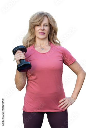 Mature woman exercising with dumbbell, focusing on strength training and active healthy lifestyle, transparent background