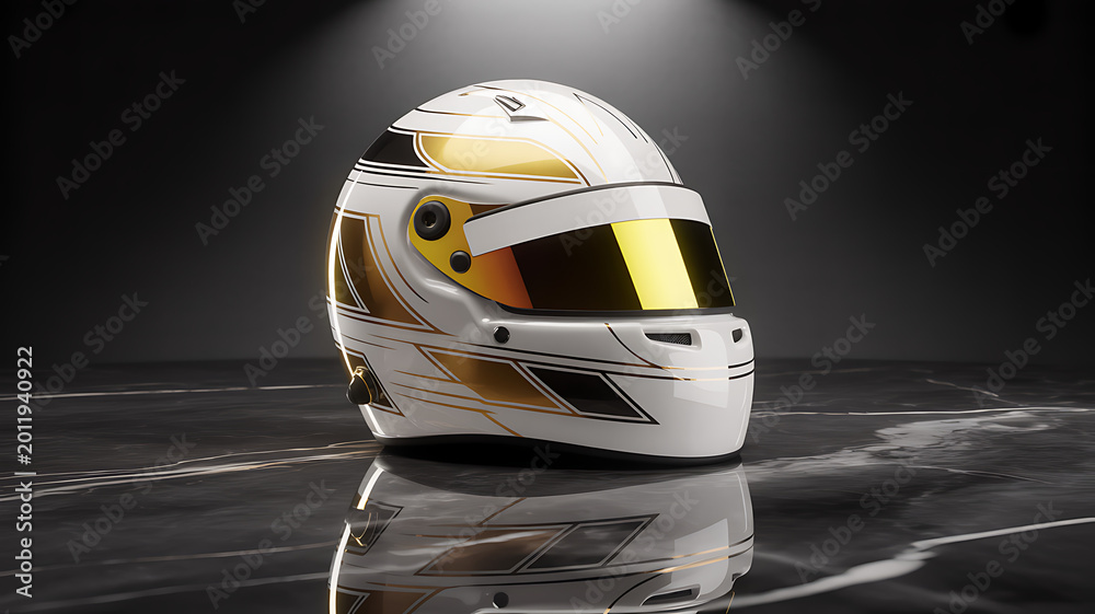 Fototapeta premium Sleek White and Gold Racing Helmet with Mirrored Visor on Reflective Marble Surface