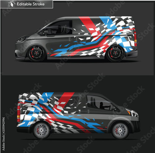 Red white and blue abstract design on a minivan