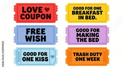Colorful set of paper love coupons featuring romantic promises and fun tasks for couples to enjoy together during special occasions like anniversaries or valentines day