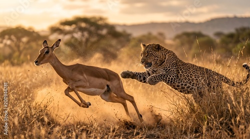 Leopard Ambushing Impala in African Savanna at Golden Hour – Wildlife Action Scene 02