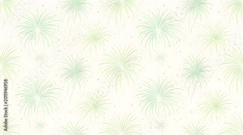 Seamless pattern with green fireworks isolated on a light cream background